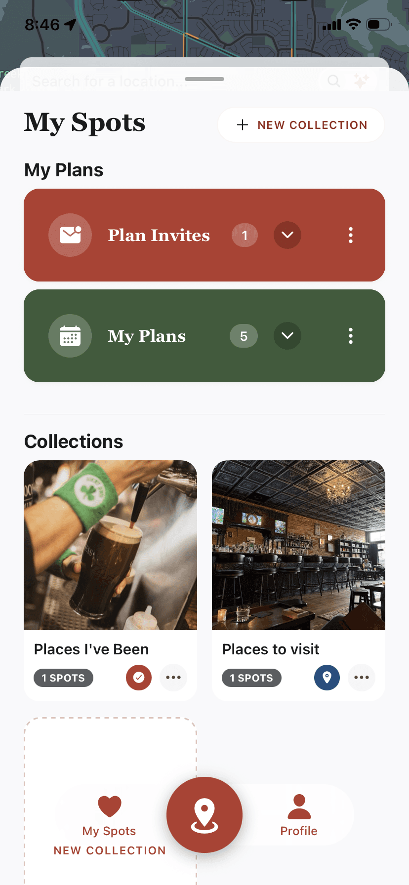 My Spots in Perfect Plan: plan invites, saved plans, and photo collections