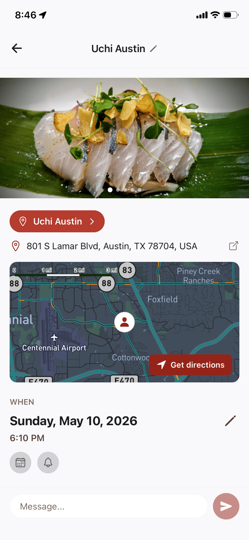 A place detail in Perfect Plan: Uchi Austin with photos, map, and timing
