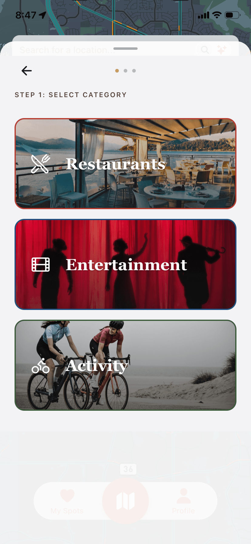Choosing a category in Perfect Plan: Restaurants, Entertainment, or Activity