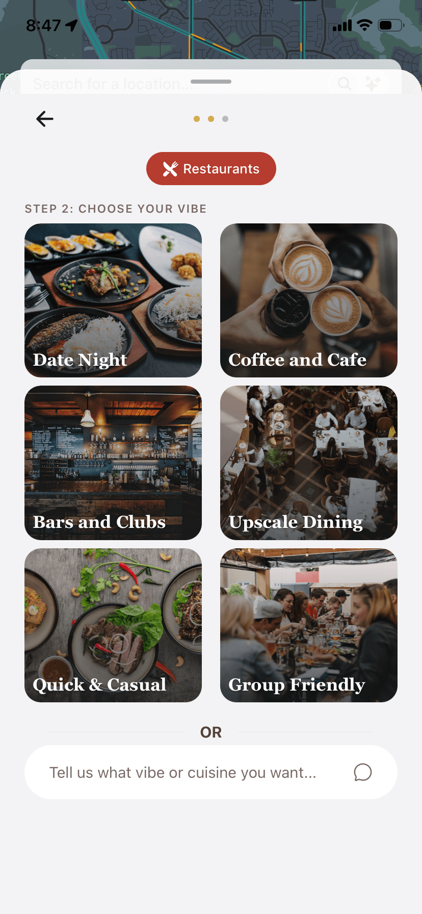 Choosing the vibe in Perfect Plan: Date Night, Coffee and Cafe, Bars and Clubs, Upscale Dining, Quick and Casual, or Group Friendly — or type your own